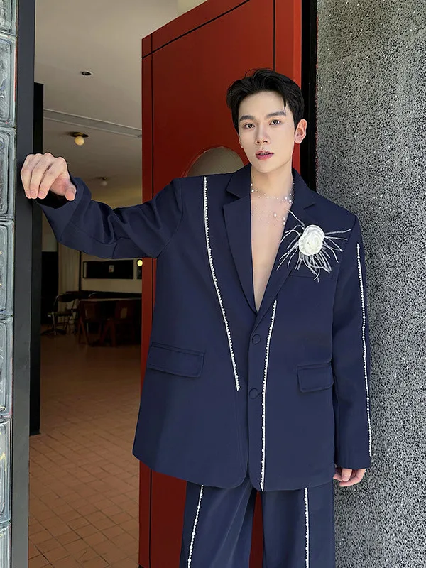 

Мужской костюм-двойка в стиле кэжуал-люкс с бисерной отделкой, весна-осень, винтажный, модный, свободного кроя, молодежный, однотонный