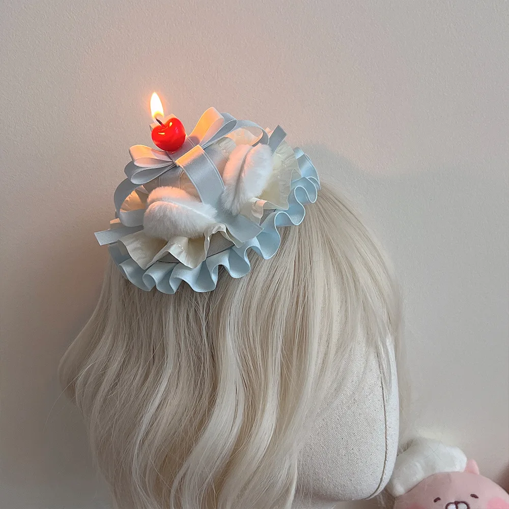 Original Handmade Cute Lolita Cherry Birthday Cake Hat Lolita Sweet Button Hat Hair Clip Cosplay Head Accessory Decoration