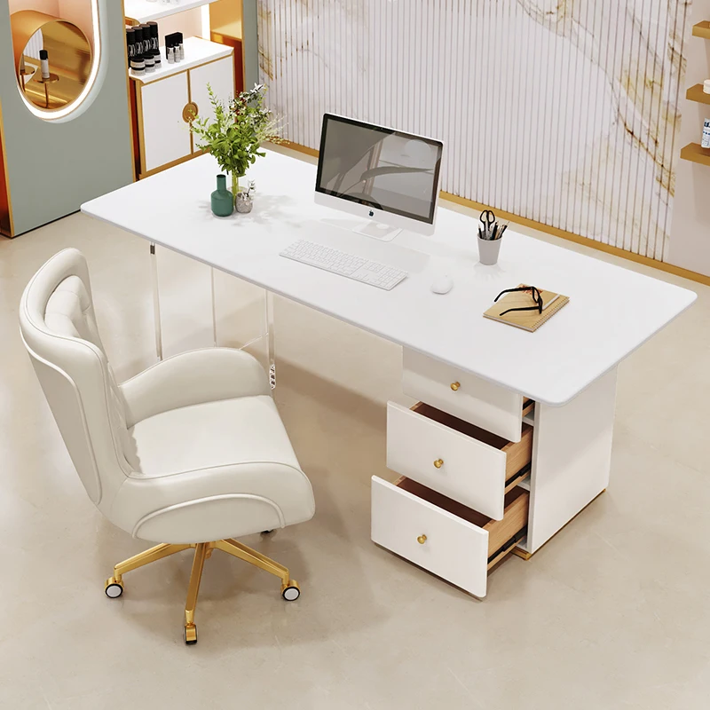 

White Minimalist Office Desk Nordic Space Saving Storage Reception Office Desk Wooden Executive Modern Scrivania Salon Furniture