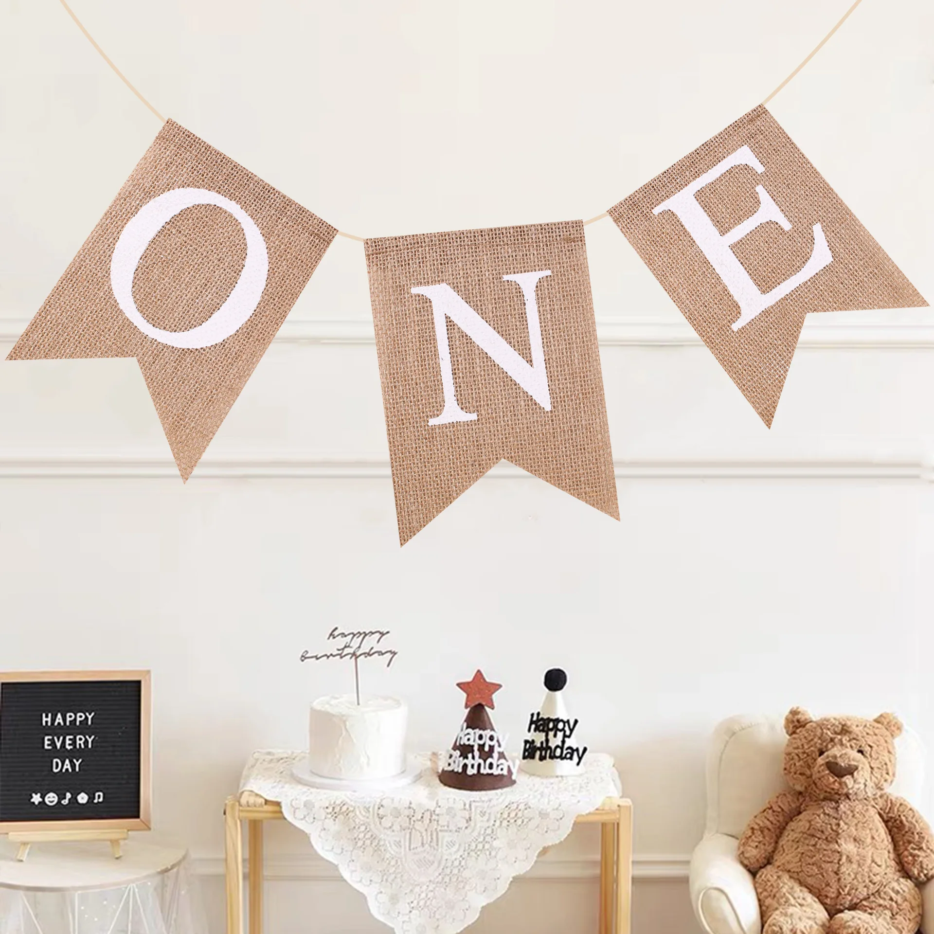 Baby Shower Supplies Burlap ONE Garland First Birthday Party Favors Highchair Fishtail Flag