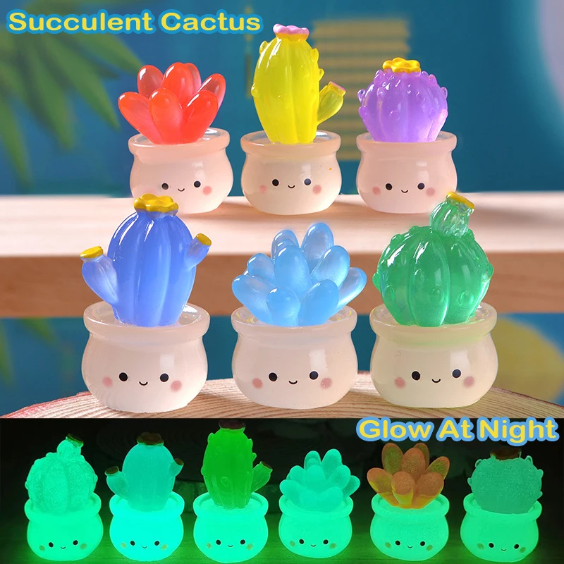 Kawaii Figurines Mini Cute Luminous Succulent Cactus Micro Landscape Ornaments for Home Decorations Car Room Decor Accessories