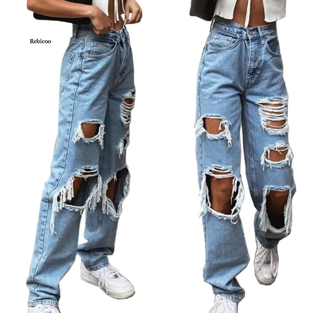 

Women's Fashion Sexy Jeans Casual Pants Big Holes Long Trousers Women Jeans Ripped Frayed Loose Denim Pants Women Clothing