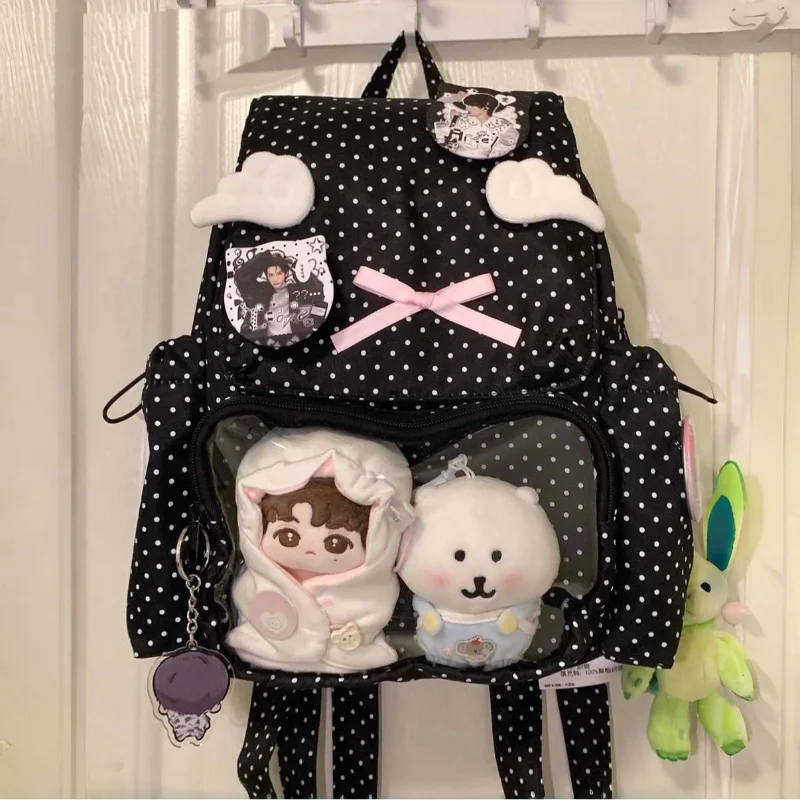 Cute Polka Dot Backpack Angel Wing Pink Bow Design Transparent Pocket Large-capacity Backpack Sweet Lolita Women's Commute Bag