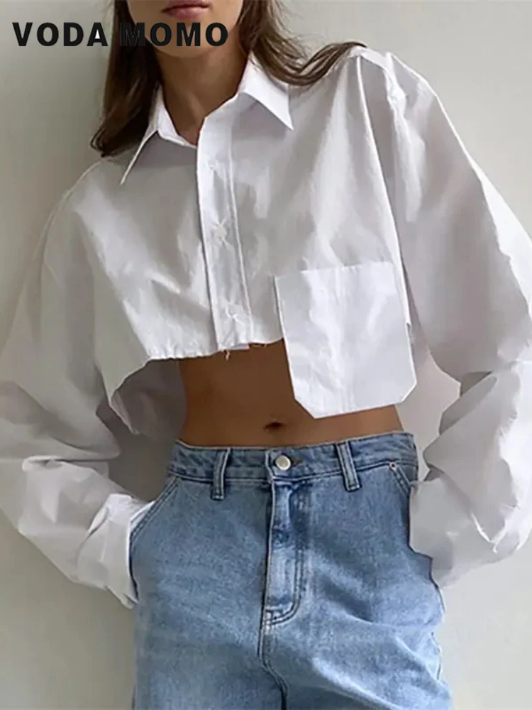 Spring Summer New Simple Fashion Crop Tops Women Blouses Elegant Flare Sleeve Design Sense Asymmetry Solid Shirts Streetwear Top