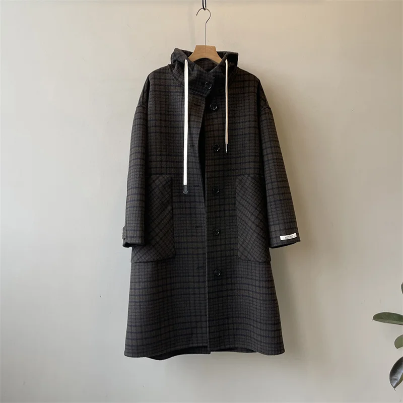 Checkered Wool Long Coat For Women's Winter New Loose Hooded Young Fashionable Woolen Coat C63