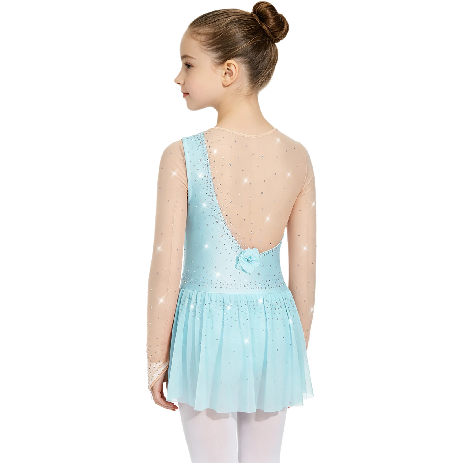 Mädchen Glänzendes Strass-Gymnastik-Ballett-Lyrical-Tanz-Auftrittskostüm Langarm 3D-Blumen Eiskunstlauf-Netzkleid – Detail 5