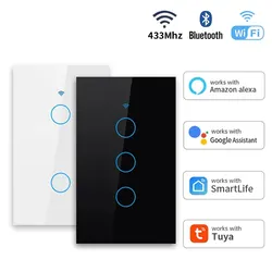 Tuya US WiFi+Bluetooth Smart Wall Switch RF433 1/2/3/4 Gang Smart Touch Sensor LED Light Switches Smart Home Alexa Google Home