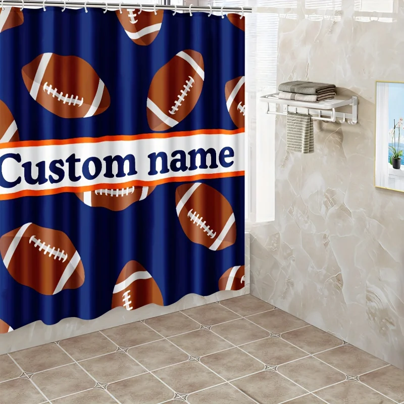 Custom Name Football Shower Curtain - Personalized, Oversized Rugby Print, Machine Washable Bathroom Decor with Privacy Window C