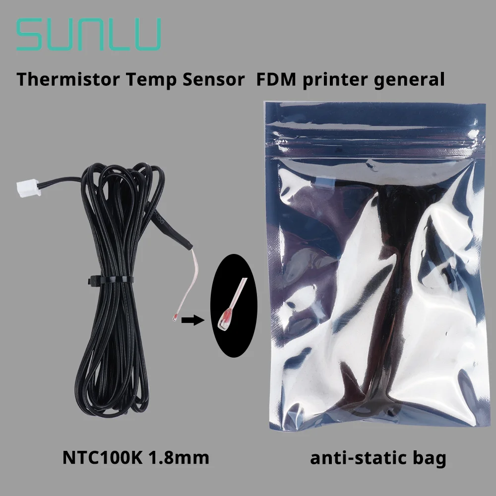 

SUNLU 3D Thermistor Temp Sensor FDM Printer General NTC100K 1.8mm Glass Head Wire Length 2.05M XH2.54-2P Male Anti-Static Bag