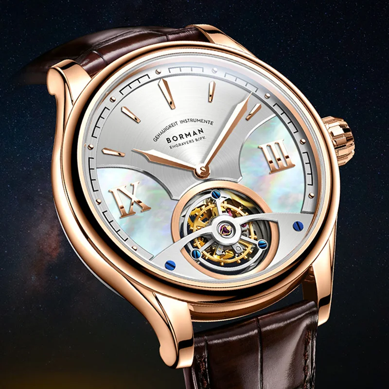 Мужские часы Borman с турбийоном, 41,5 мм, роскошные механические наручные часы, сапфировое зеркало, кожаный ремешок, перламутровый циферблат со скелетом