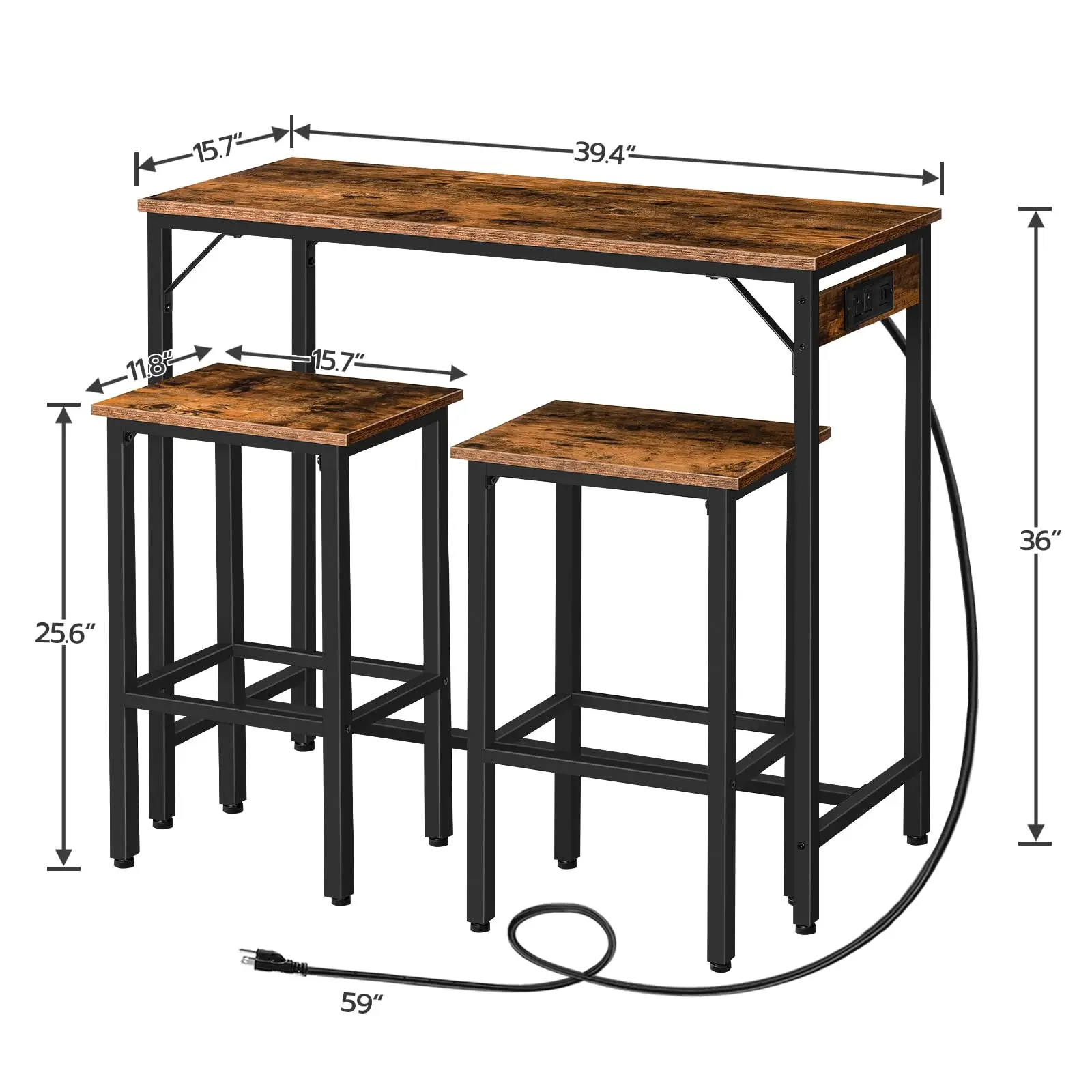 Bar Table Set with 2 Bar Stools Pub Dining Height Table Set 3 Pieces Kitchen Counter Set Industrial Furniture For Sale