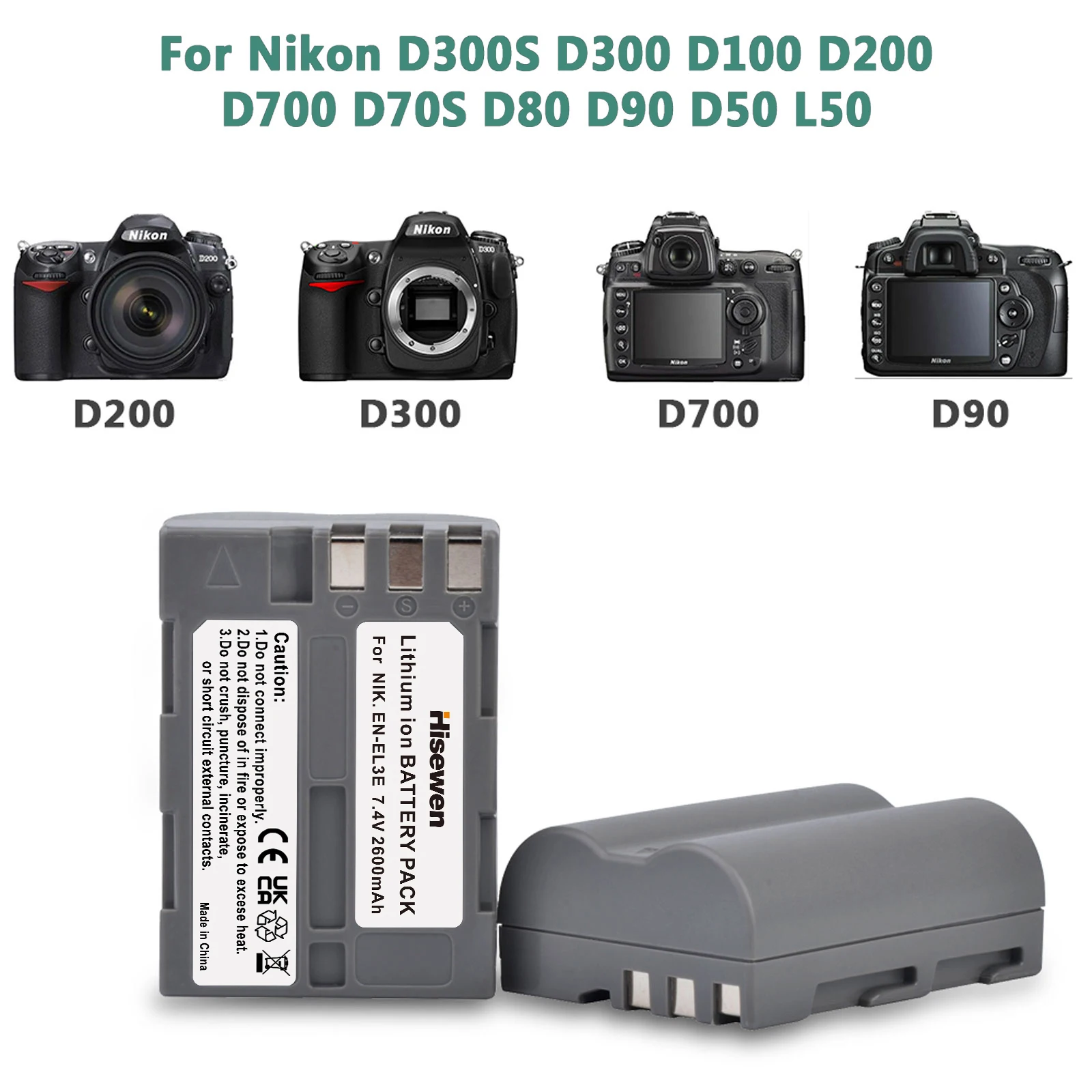 Hisewen 2600mAh EN-EL3e EN EL3e EL3a ENEL3e Camera Battery and Charger with Type C for Nikon D300S D300 D100 D200 D700 D70S D80