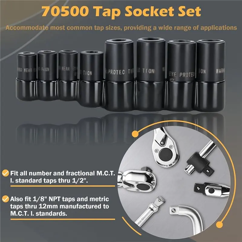 ABVG-Fit MCTI Standard-Gewindebohrer (1/2" 1/8" NPT, bis zu 12 mm metrisch) 70500-Gewindebohrer-Stecksatz 8-teilig für 1/4-Zoll- und 3/8-Zoll-Antriebe