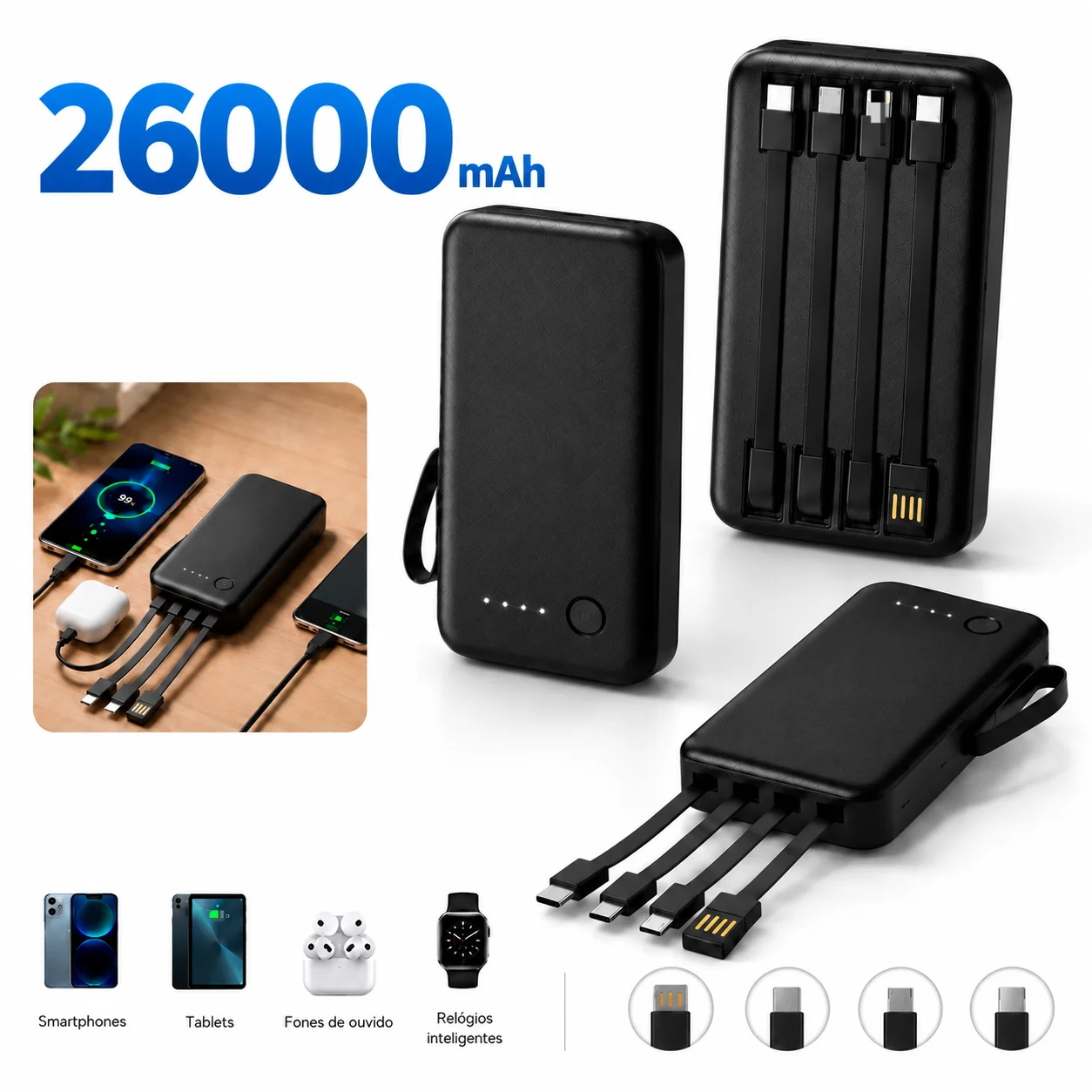 Power Bank 12000mAh e 26000mAh Carregador Rápido Portátil com 4 Cabos USB para Smartphone e Viagem