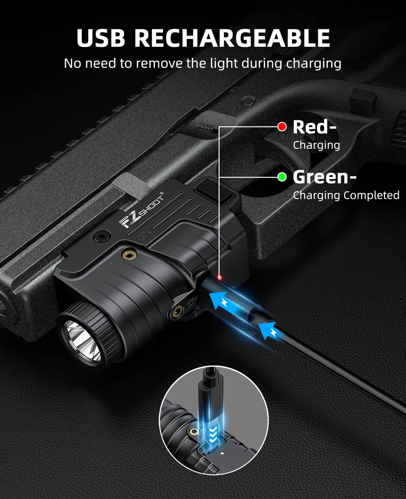 Combo de luz láser de 800 lúmenes recargable para linterna de pistola, riel deslizable, Glock y riel Picatinny, rayo láser verde