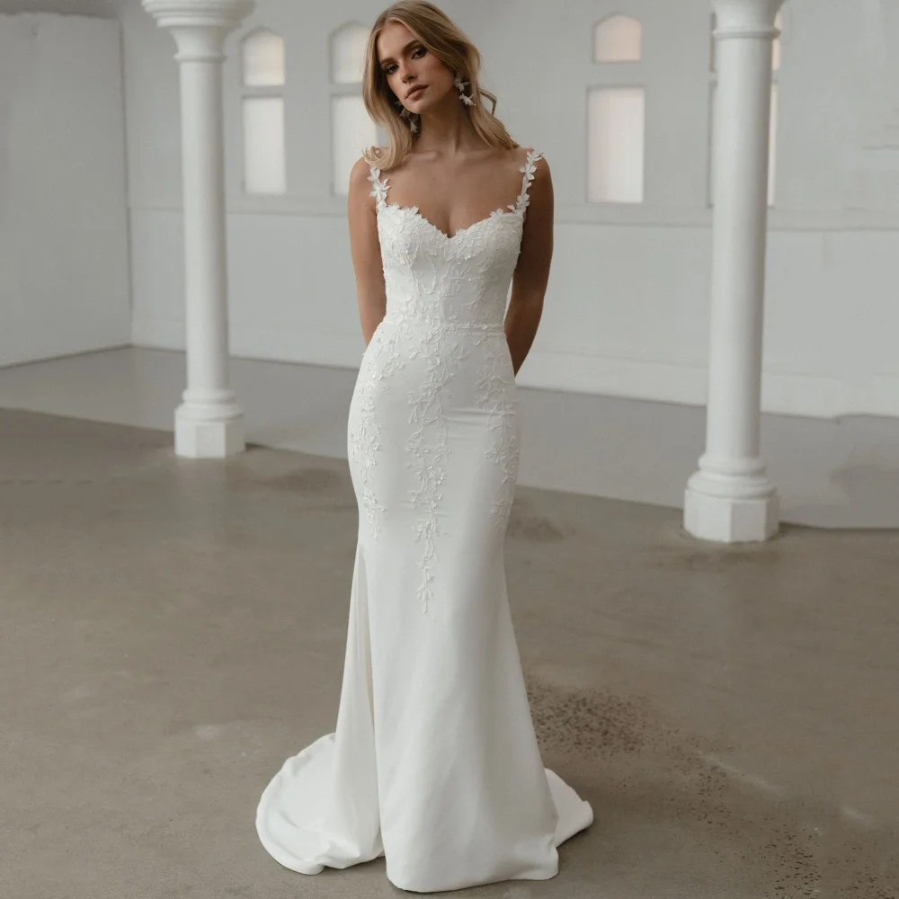 カスタムメイドVネックウェディングドレス、レースマーメイド、エレガントなブライダルガウン、バックレス、スパゲッティストラップ、花嫁ドレス、ウェディングドレス