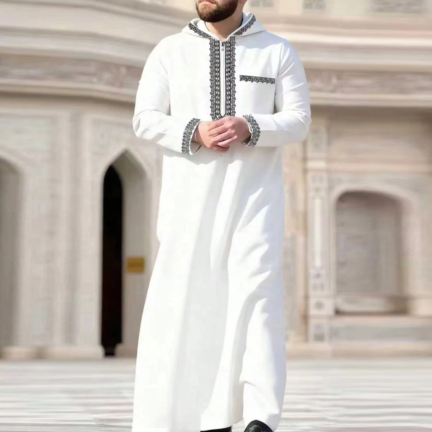 Moroccan men's thobe long sleeve embroidered hooded Muslim men's abaya Islamic loose Jelleba Saudi Arabian traditional clothing