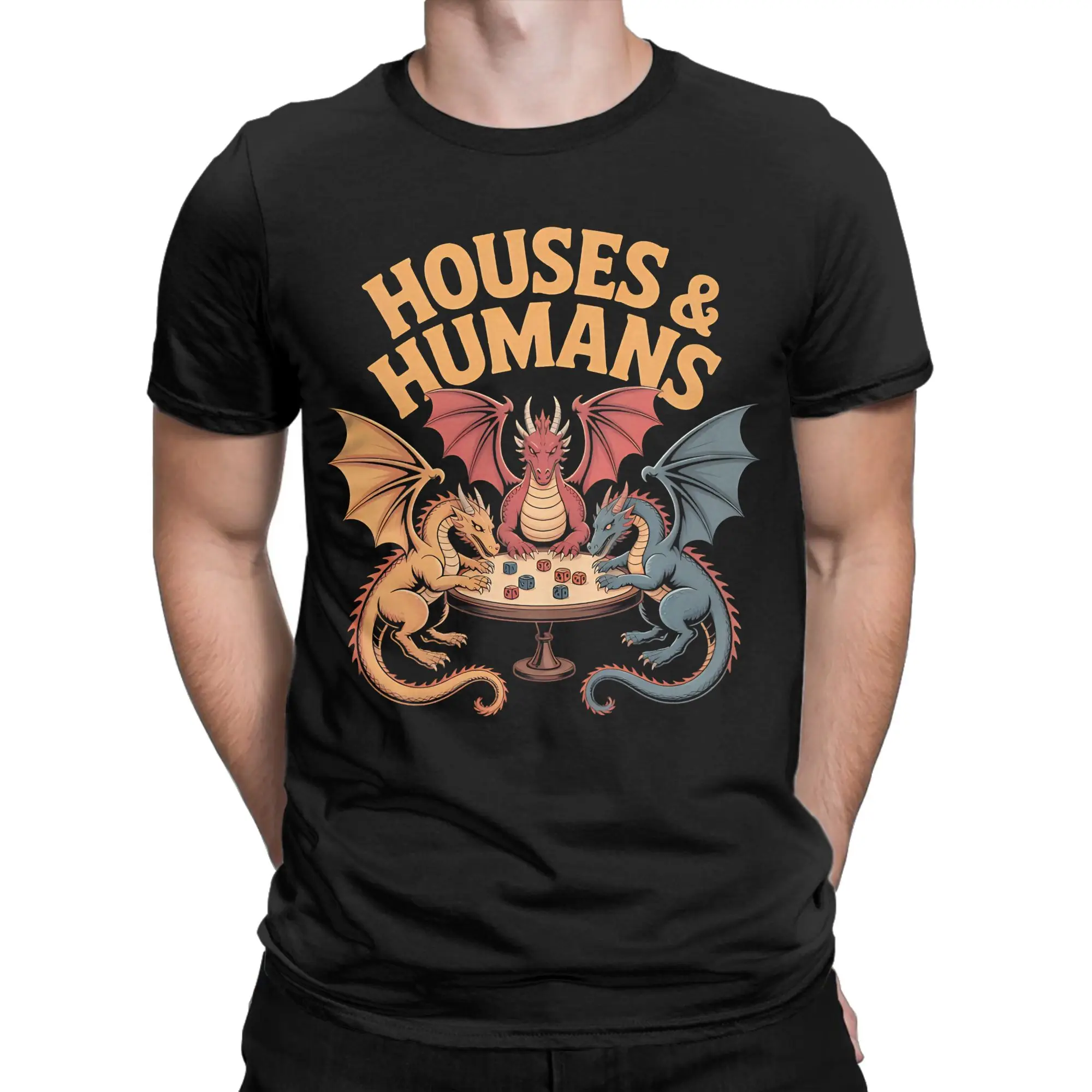 Printed Gaming Houses And Humans  Tshirts Men's Round Neck Short Sleeve Tops Shirts DnD Cotton Summer Tops