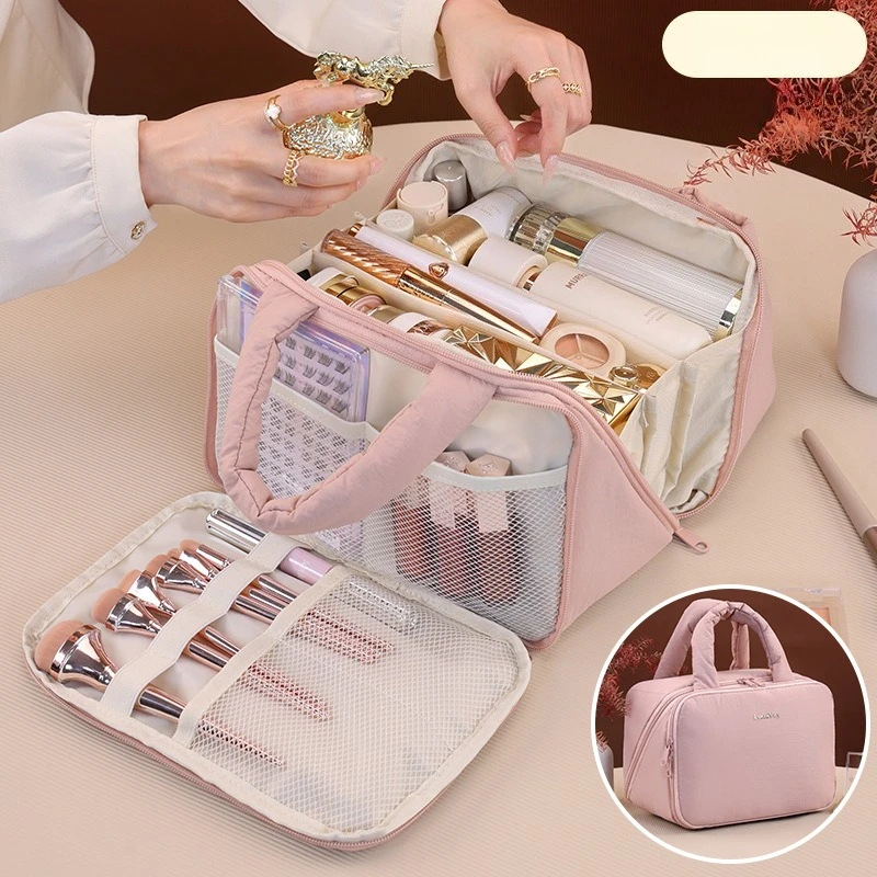 Portable Hand Carry Makeup Bag Cosmetic Bag Mesh Divided Pockets Travel Cosmetic Brush Lipstick Skincare Storage Organizer