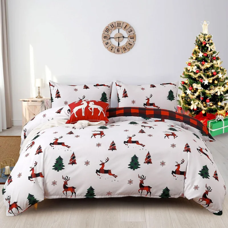 

Christmas duvet set extra large set 3-piece soft ultra-fine fiber reversible bedding theme reindeer tree pattern