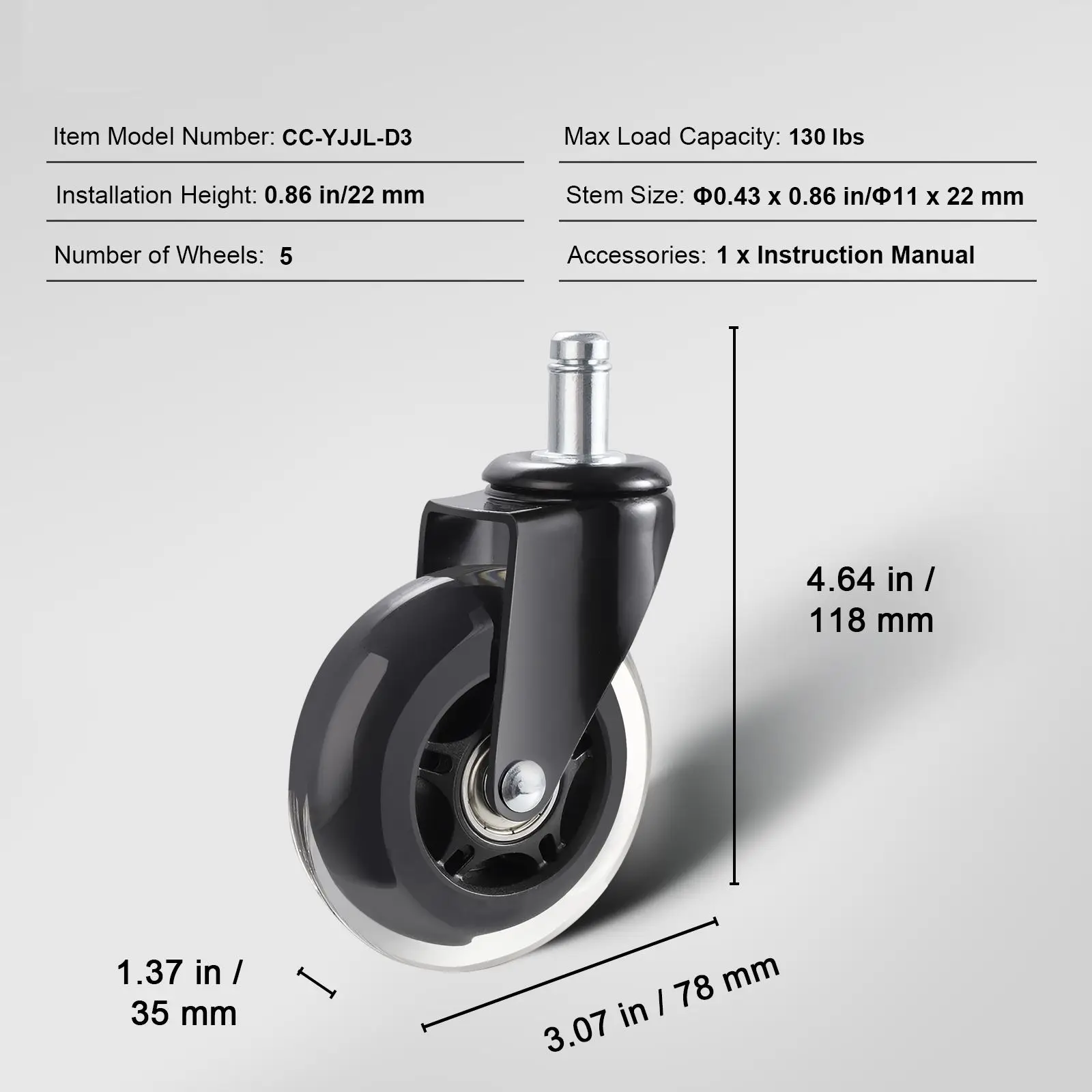 Office Chair Wheels, Set of 5, 3 inch Caster Wheels Replacement for Hardwood Floors and Carpet, Heavy Duty Computer Gaming Desk Casters with 130 lbs Load Capacity, Universal Fit for Most Chairs