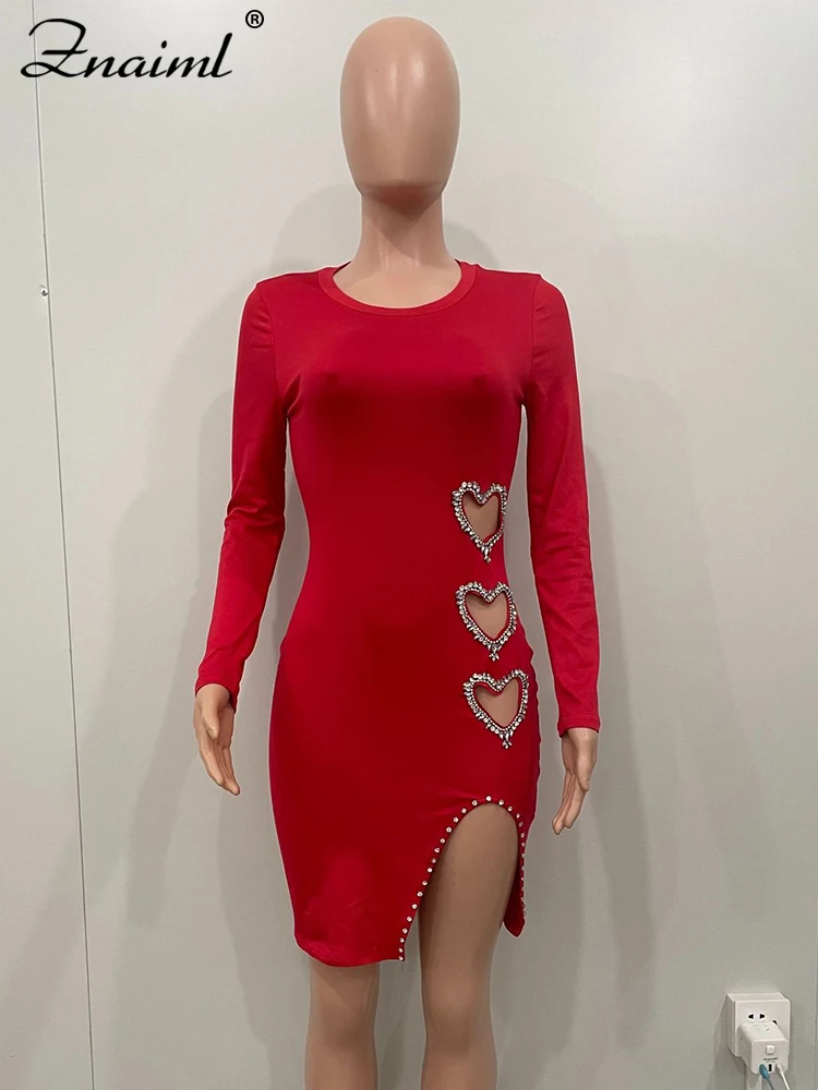 Znaiml Sparkly Diamonds Heart-shaped Love Birthday Dresses for Women Night Party Long Sleeve Side Slit Bodycon Mini Vestidos