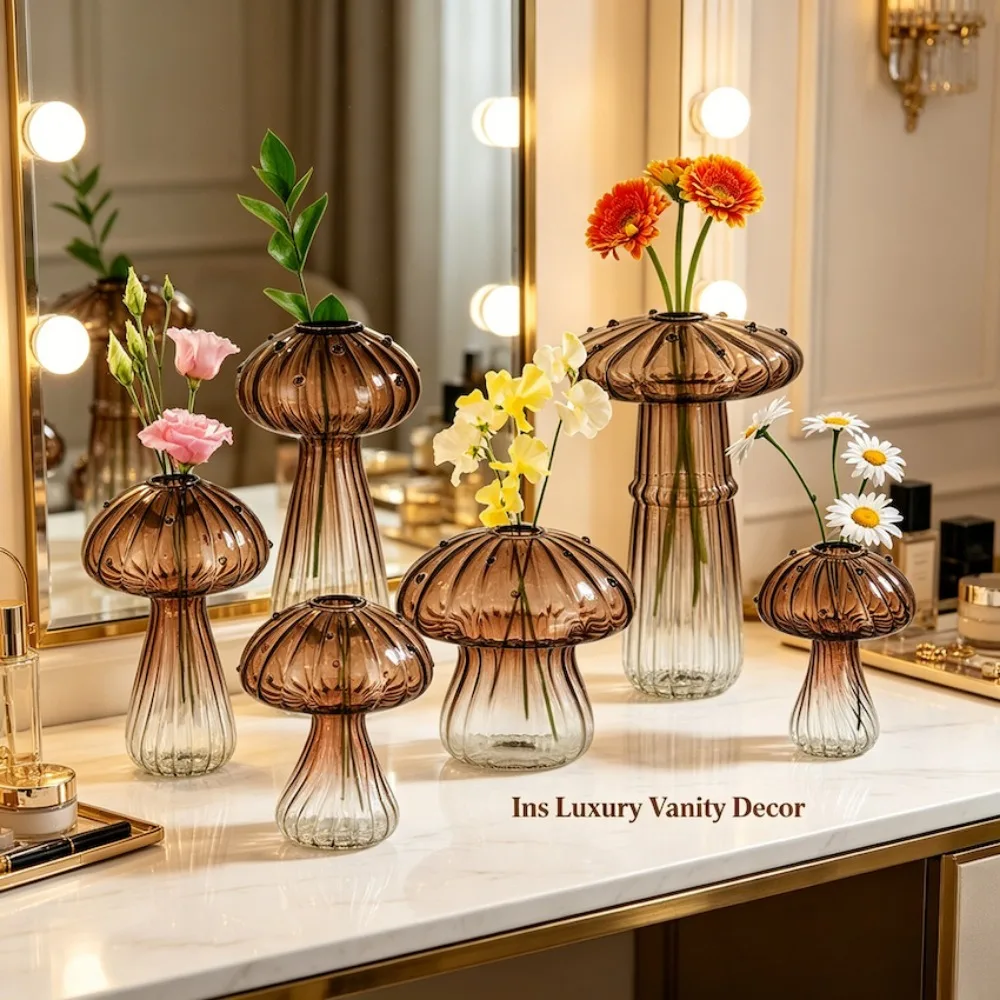 Mushroom‑Design Fluted Glass Propagation Station, Cute Transparent Glass Vases for Living Room Windowsill Decoration