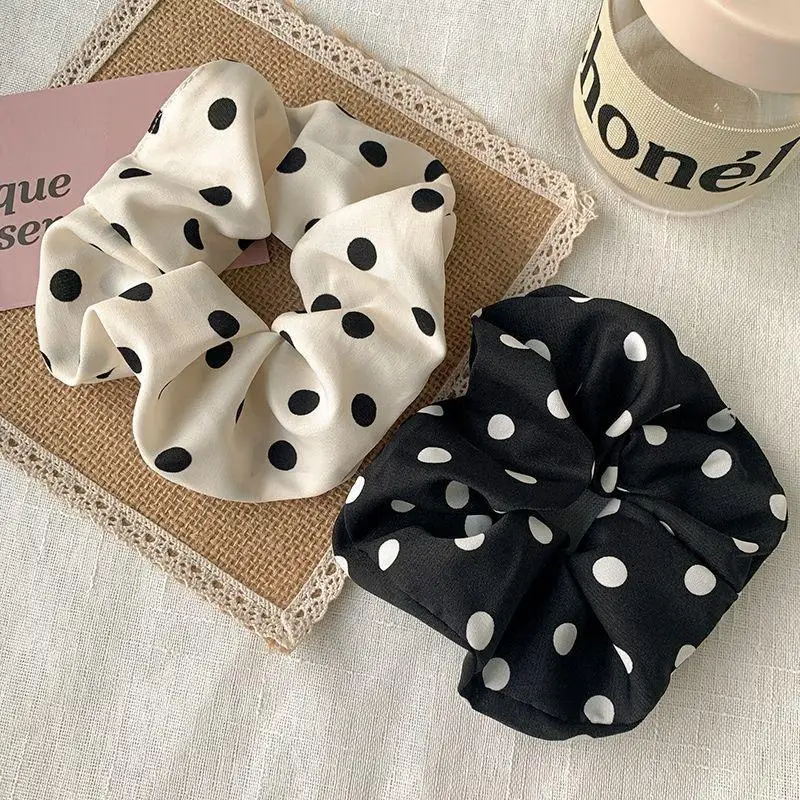 2 Pcs Premium Satin Hair Scrunchies Black White Polka Dot Smooth No Damage for Women Office Daily Hair Wear