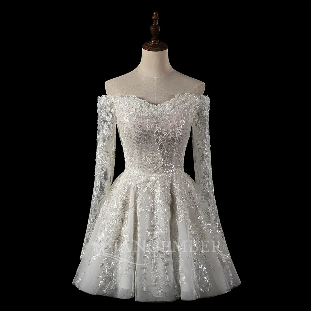 Scoop-neck Boho Wedding Dresses Customized Long Sleeves Bridal Gown Open Back Beach Above Knee Bride Dress Robe de Mariee