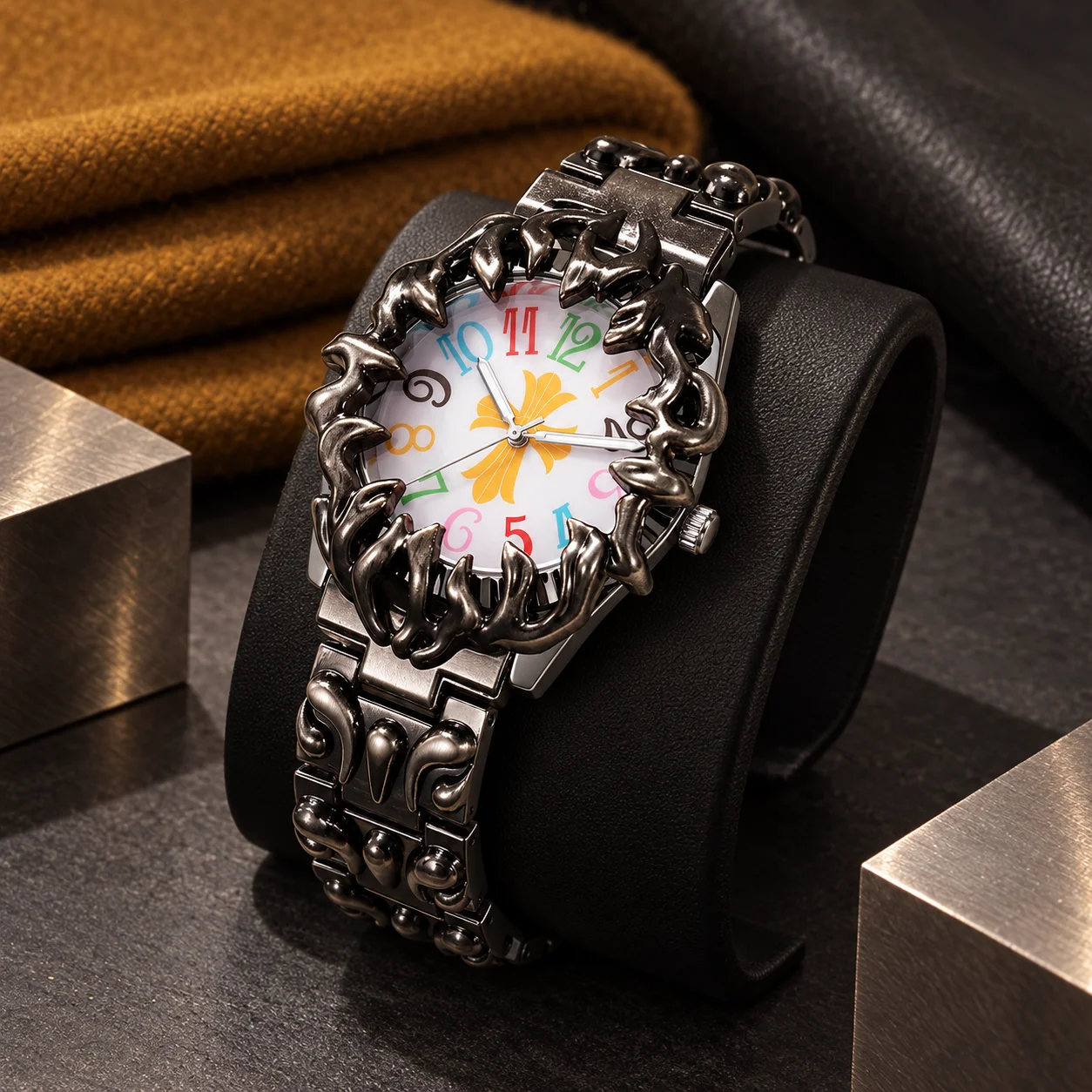 Men's Gothic Punk Watch Black Metal Bracelet Cross Pattern Colorful Numeral Dial Analog Wristwatch Biker Jewelry Gift