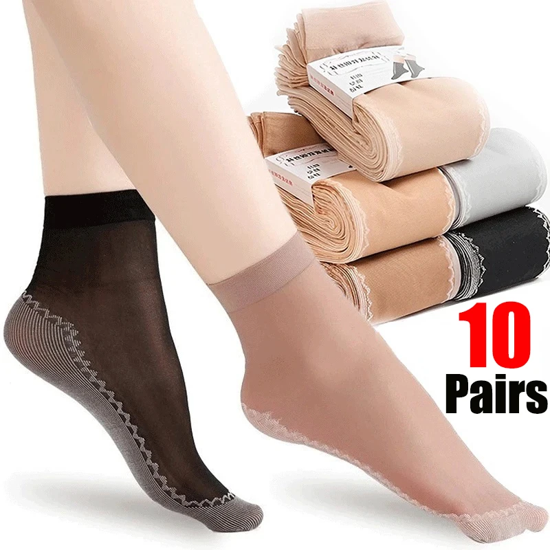 

10Pairs Spring Summer Women Soft Socks Casual Non-Slip Bottom Splice Fashion Transparent Ladies Girls Breathable Thin Silk Sock