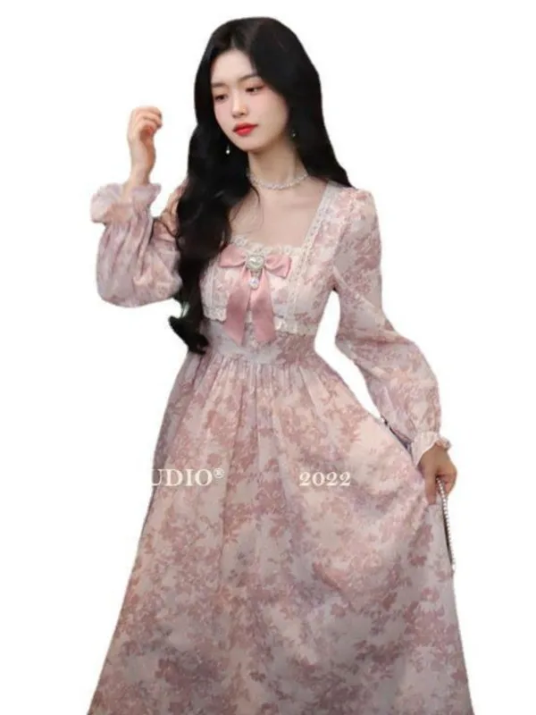 Gentle style long sleeved floral fashion dress women 2024 autumn/winter new mid length sweet high waisted slim fairy dress 4QJC