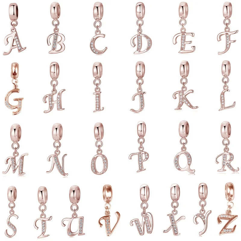 

925 Sterling Silver A-Z 26 English Letter Beads Rose Gold Charm Pendant Fit Original Pandora Bracelet Necklace Family Necklace