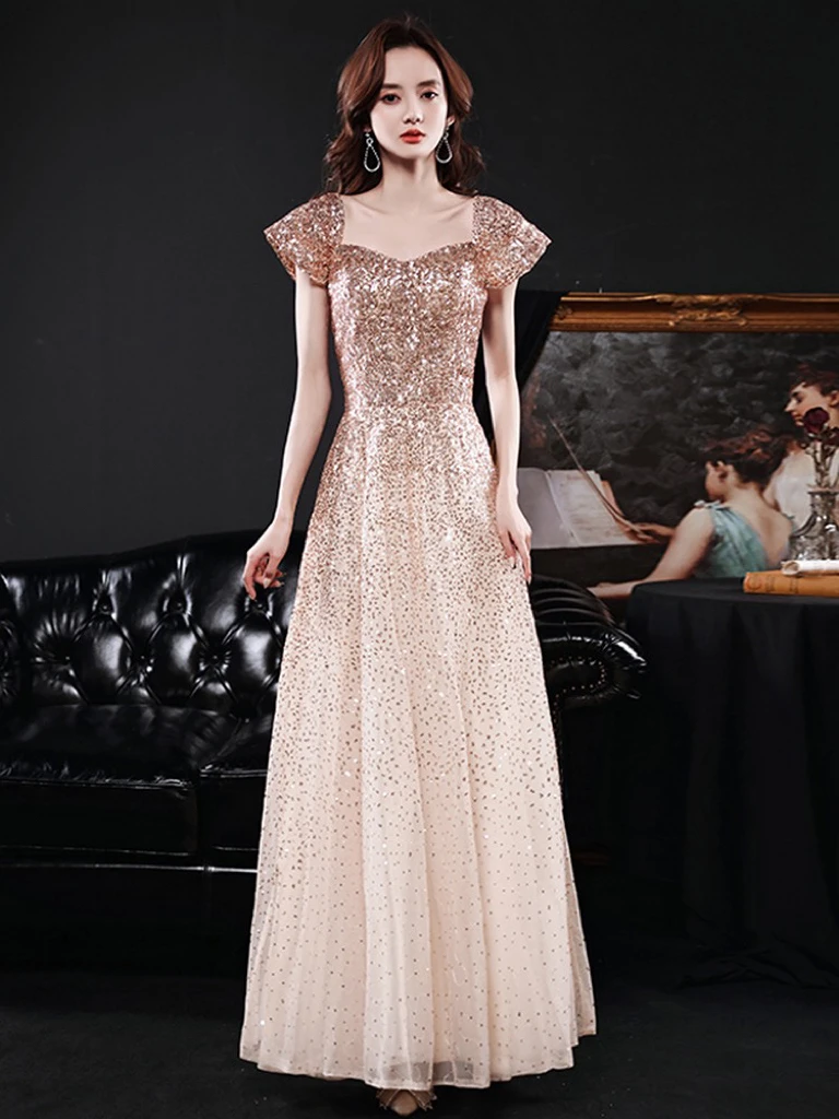 

Champagne Gold Shiny Cocktail Dresses Cap Sleeve Lace Up Seqined A Line Square Collar Formal Party Ceremony Woman Evening Gowns