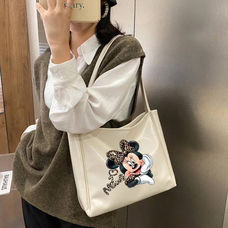 Disney Mickey Minnie Leather Handbags Lady Tote Bags Fashion Underarm Pouch Large Capacity Soft Retro Crossbody Backpack Portabl