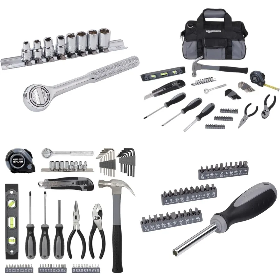 

65 Piece Home Repair Tool Kit Set With Carrying Bag, Hand Tools, Socket Set, SAE and Metric, Silver, Black