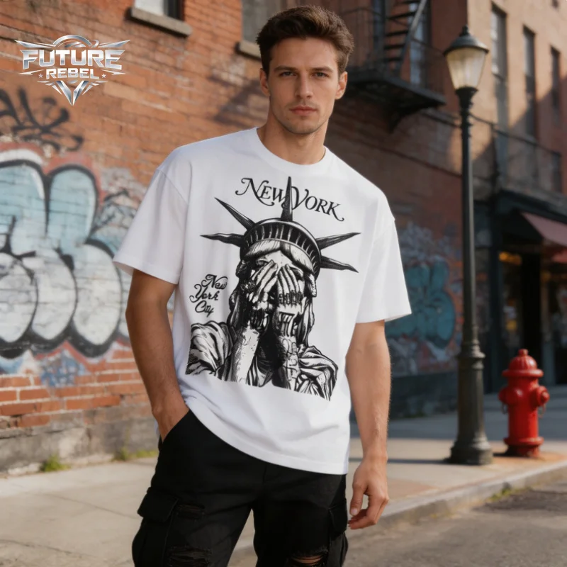 Unisex Y2k Streetwear Men Short Sleeve Tshirt Liberty American Print Oversized Crewneck Casual Summer Hip Hop Retro Graphic Tops