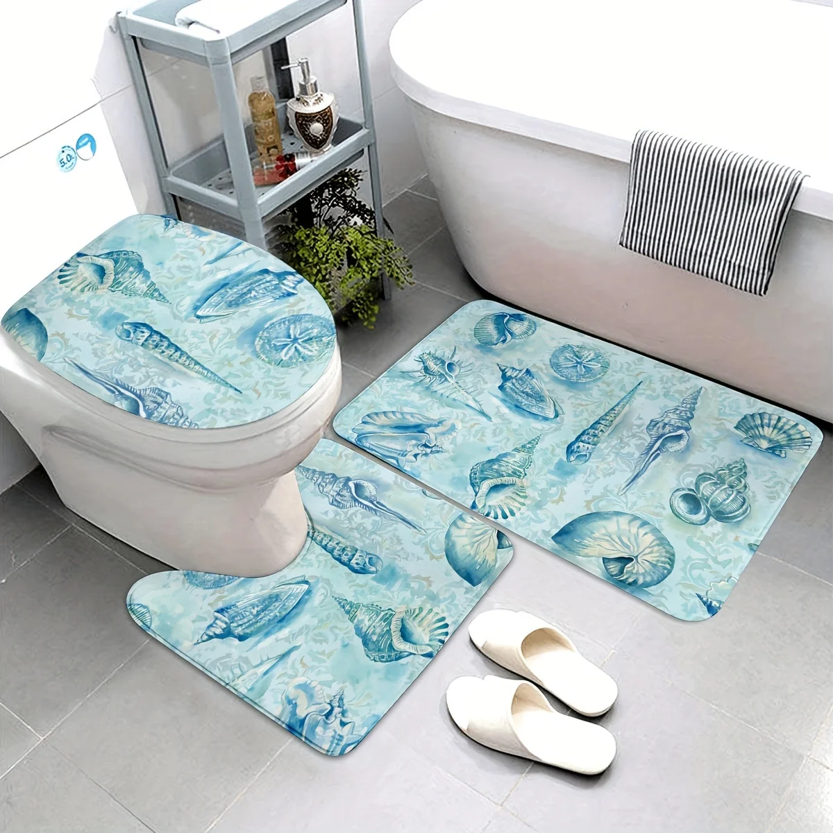 

[Coastal Shell Bathroom Rugs] 3-Piece Coastal Shell Bathroom Rug Set - Machine Washable, U-Shaped Profile and Toilet Cover Rugs