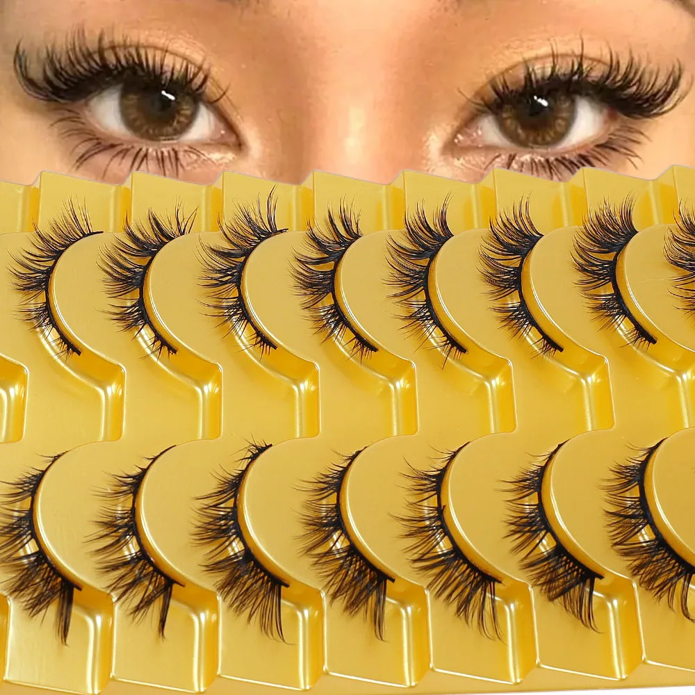 装着しやすいコットン糸ステムキャットアイつけまつげ10ペア、厚さ0.05mm、再利用可能、Dカール、長さ10～12mm