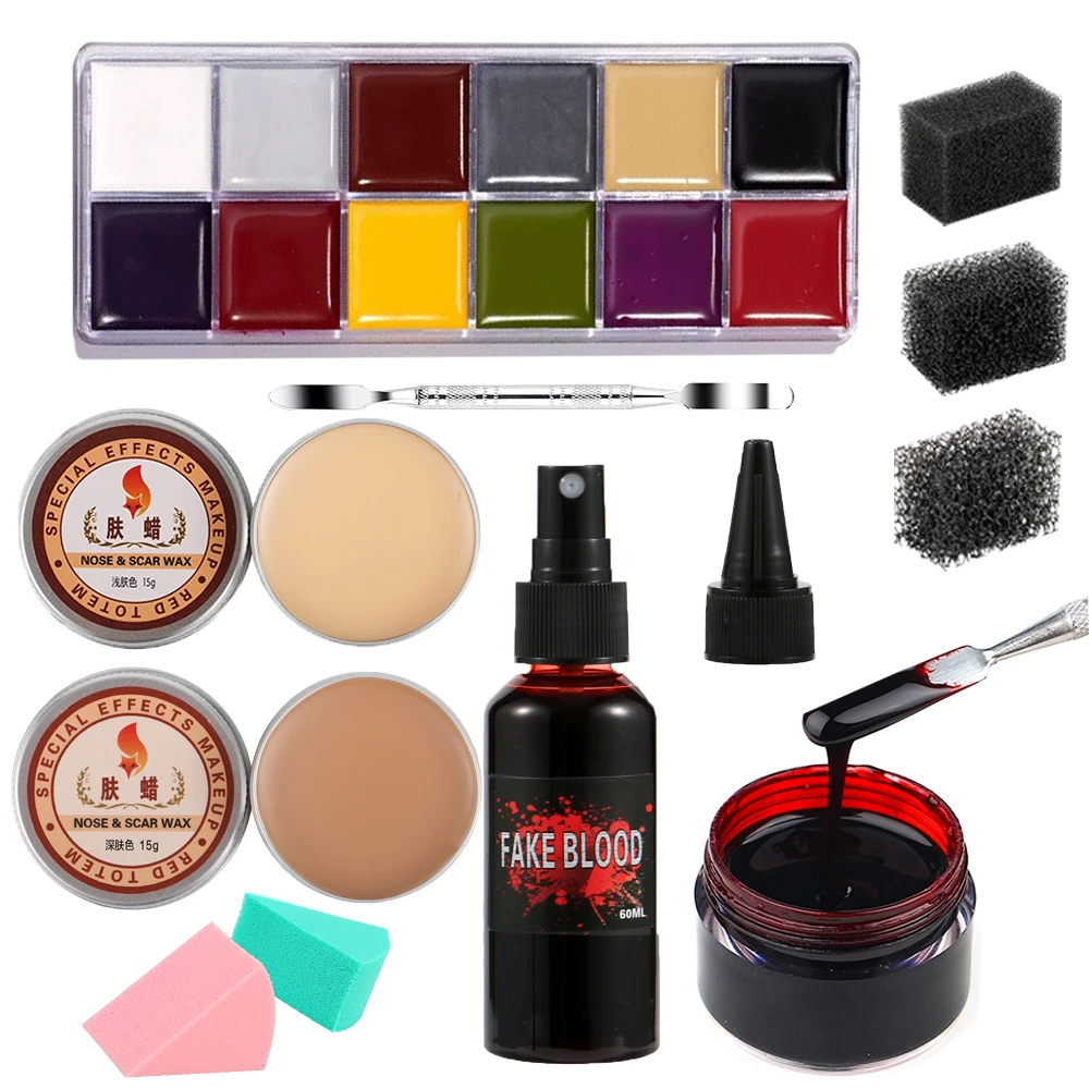 Spezialeffekte SFX Halloween-Make-up-Set – 12-Farben-Gesichts- und Körperbemalungspalette + Narbenwachs mit Spatel-Werkzeug + Kunstblut + Schwamm