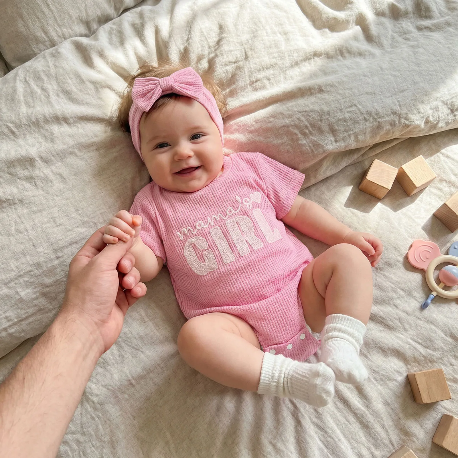 Infant Baby Girl Summer Jumpsuit Letter Embroidery Short Sleeve Round Neck Romper Bow Headband Sweet Baby Bodysuits