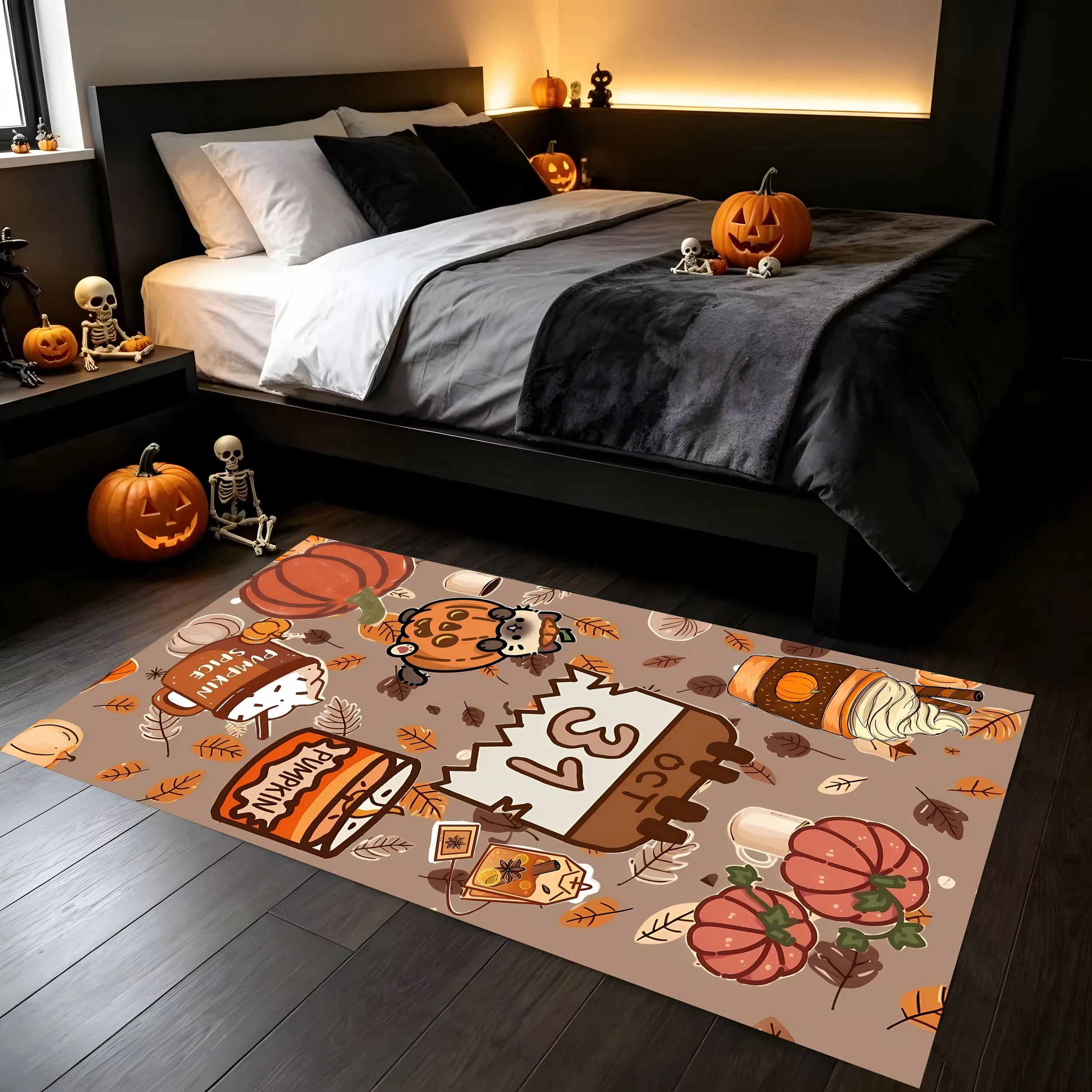 Velvet All-Over Pumpkin Leaf Print 2D Rug for Living Room and Bedroom, Autumn/Winter Warm Cozy