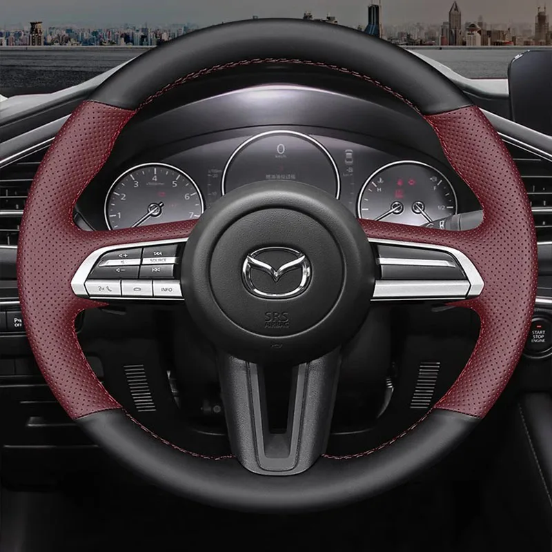 

Hand-Stitched Non-slip Wine red black genuine Leather Car Steering Wheel Cover For Mazda CX-30 CX30 2020-2023 Mazda 3 Axela 2021