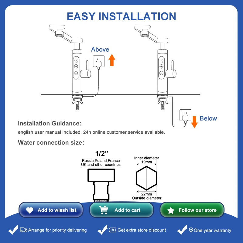 Calentador de agua eléctrico instantáneo sin tanque, calentador de agua para baño y ducha, 220V, 3300W, temperatura automática para el hogar y el Hotel