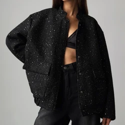 2025 Women Spring Vintage Sequins Jacket Coat Fashion Women Stand Collar Loose Style Jacket Femme Streetwear Tops Clothes
