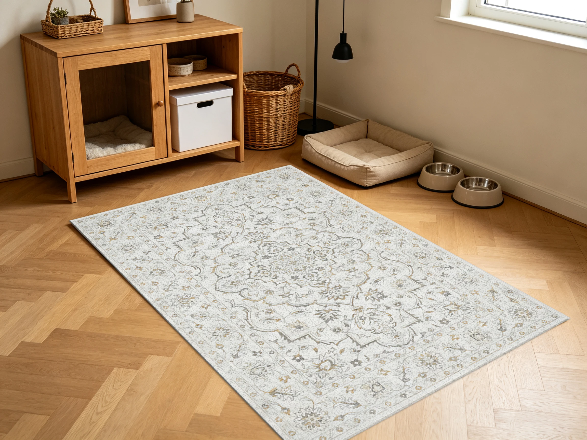 White Base Vintage Medallion Area Rug Carpet Flooring Light Luxury Oriental Non Slip Floor Mat