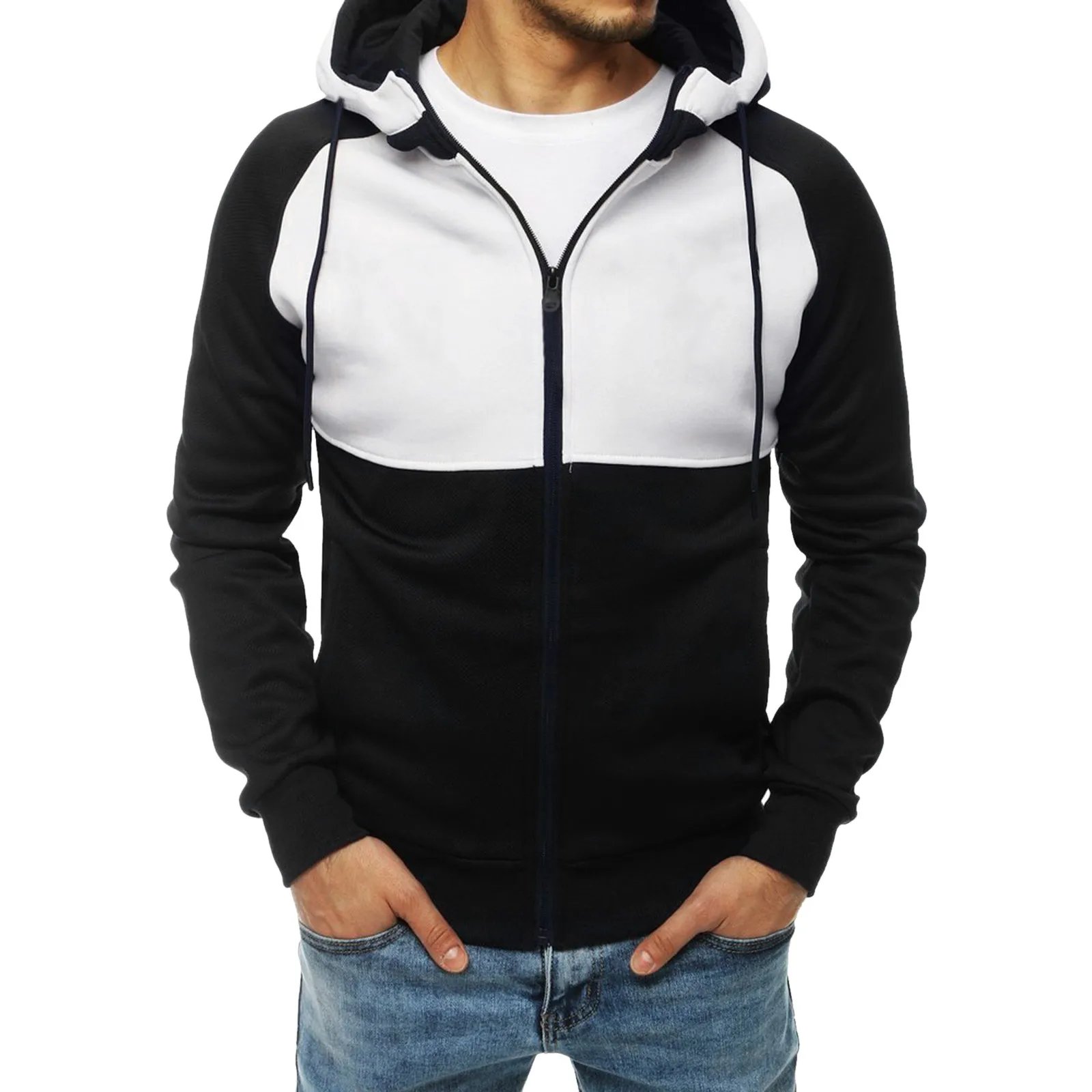 

Men Hoodie Jacket Sweatshirt Winter Warm Coat Leisure Fitness Jogging Color Matching Zipper Up Sports Fleece Hooded Tracksuit