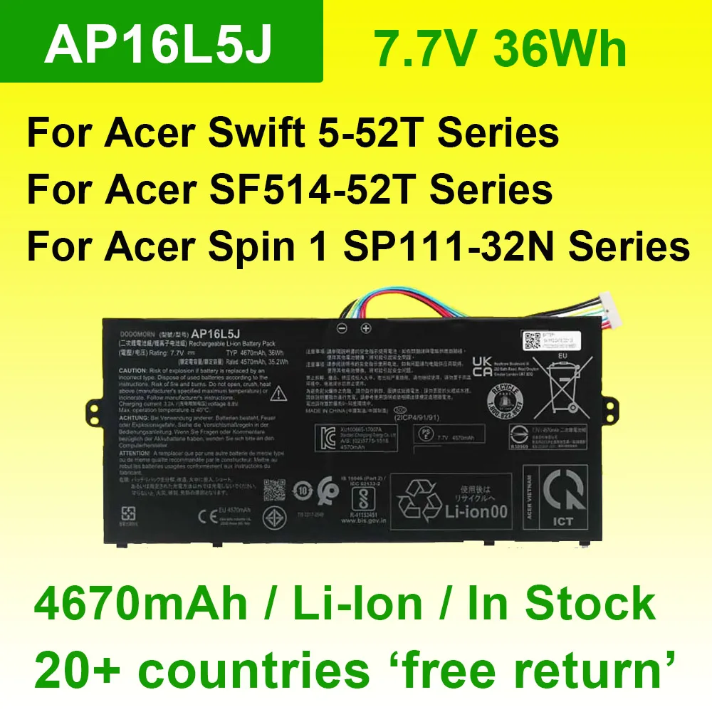 

AP16L5J для Acer Swift 5-52T SF514-52T-59YX Aspire SF514 Spin 1 SP111-32N серии аккумулятор для ноутбука 7,7 В 36 Втч с номером отслеживания