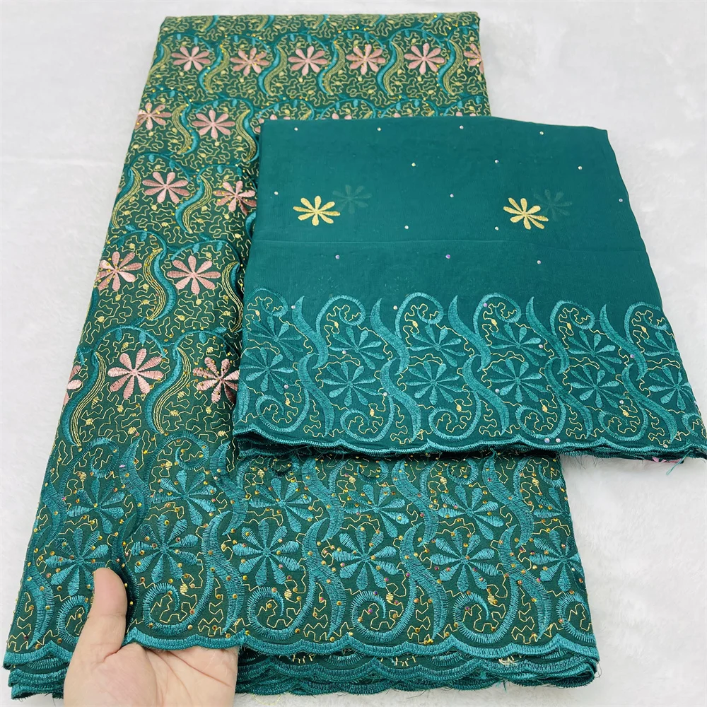 

African Swiss Voile Lace Fabric 2026 With Stone Green High Quality Nigerian Cotton Lace Fabric 5+2 Yard For Wedding Party M230-1