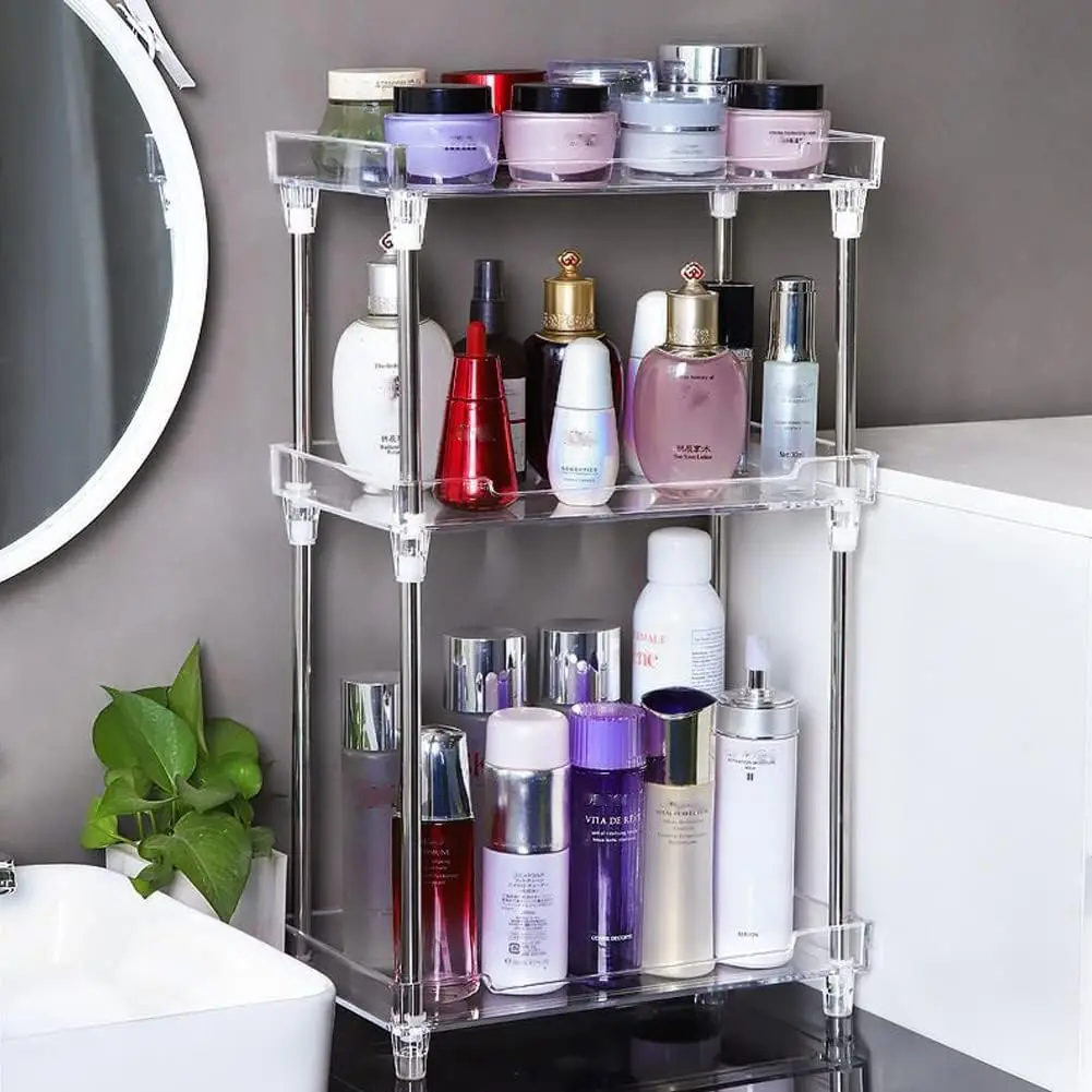 

Clear Acrylic 3-Tier Bathroom Organizer Corner Shelf for Makeup, Skincare, Perfume – Compact Countertop Storage